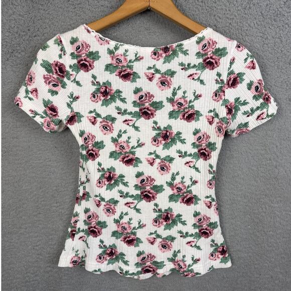 Y2K Vintage Bongo Blouse Floral Ribbed Knit Lace Neckline Button Front Size S - Picture 3 of 7